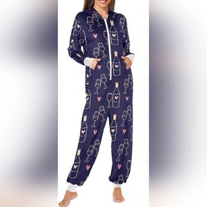 Onesie Pajamas Wine Heart Print Sleepwear Jumpsuit Costume One Piece LARGE Purpl